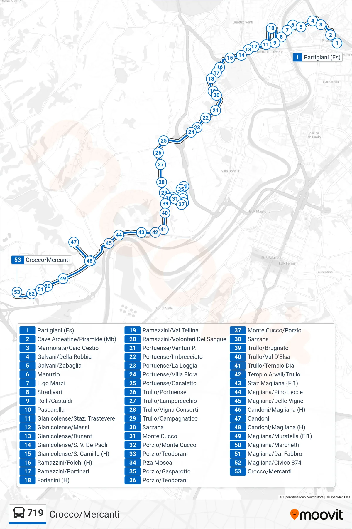 719 bus Line (Crocco/Mercanti) route and stops on a map