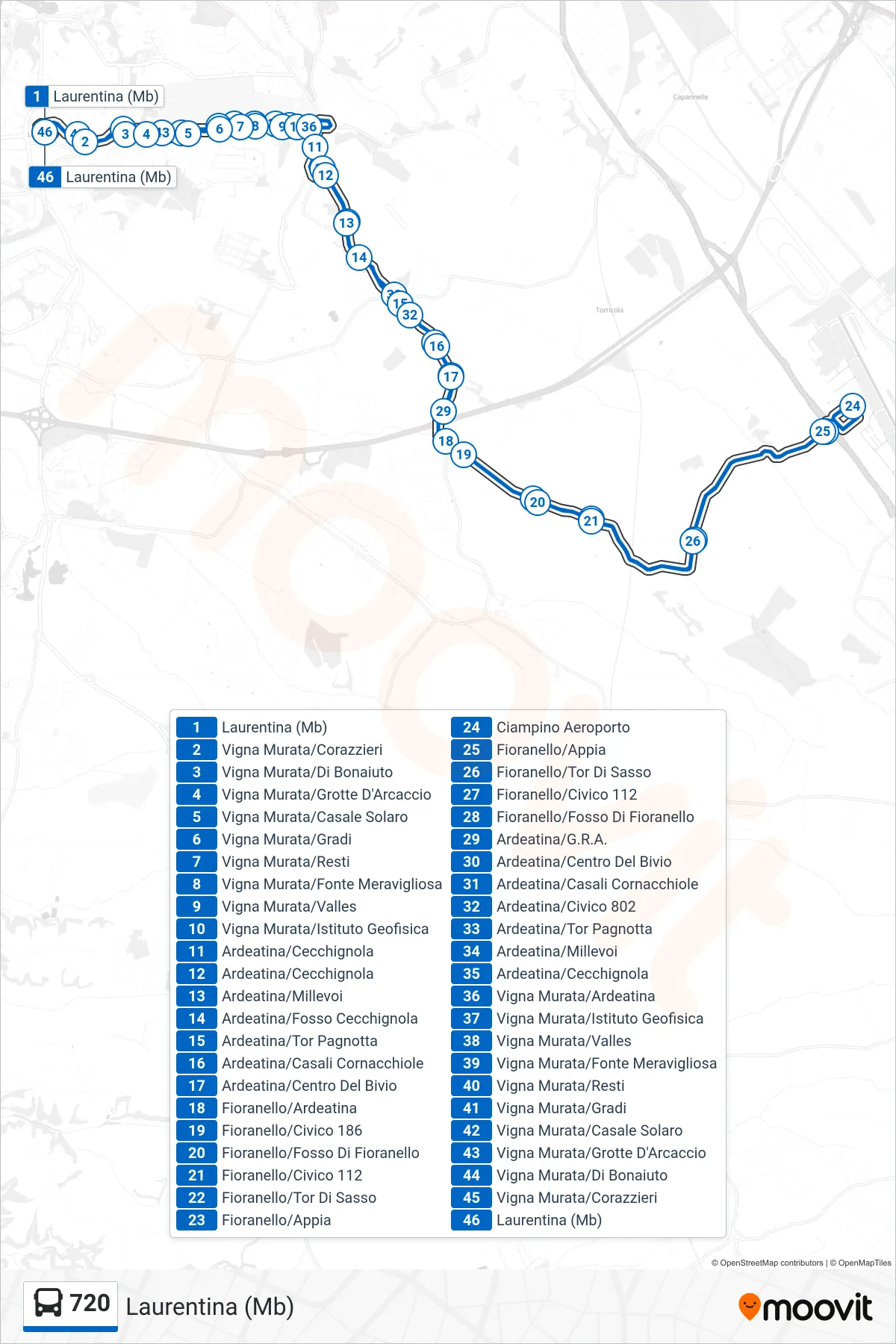 Linea 720 bus (Laurentina (Mb)) - Percorsi e fermate sulla mappa