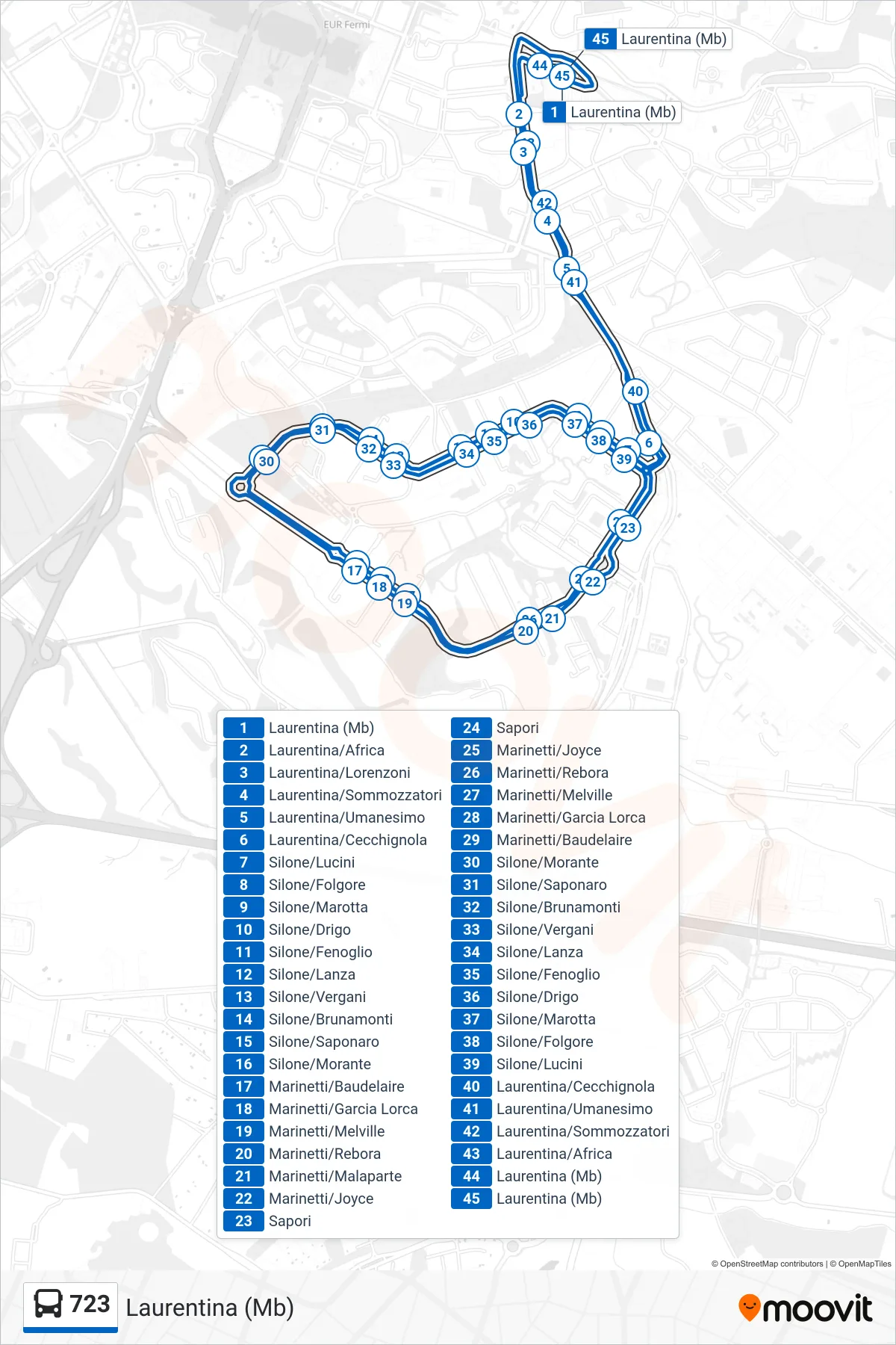 Linea 723 bus (Laurentina (Mb)) - Percorsi e fermate sulla mappa