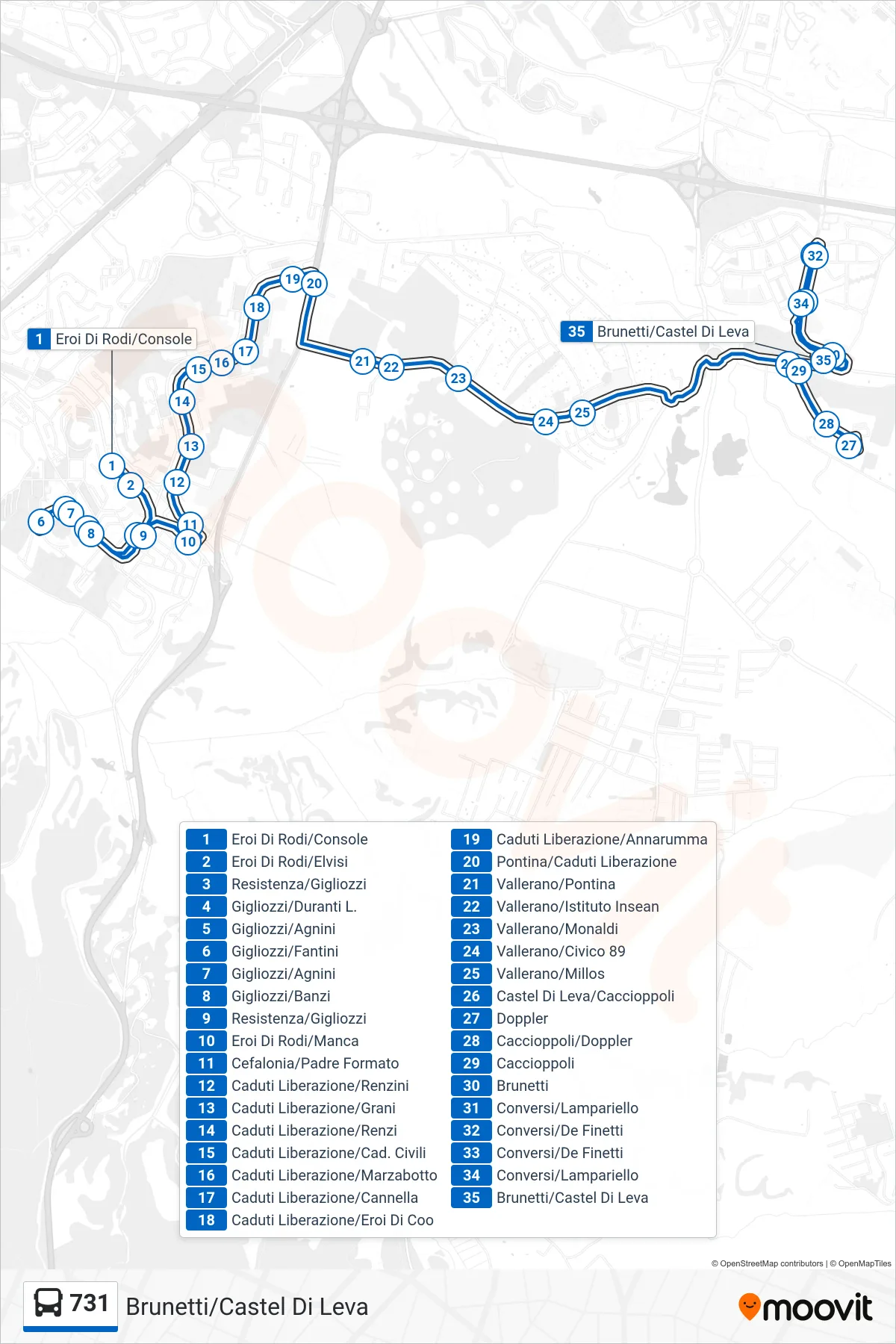 Linea 731 bus (Brunetti/Castel Di Leva) - Percorsi e fermate sulla mappa