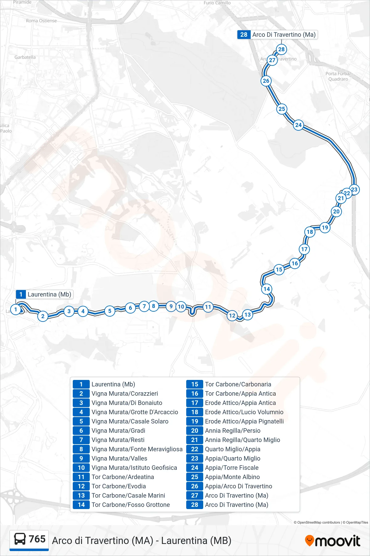 Linea 765 bus (Arco Di Travertino (Ma)) - Percorsi e fermate sulla mappa
