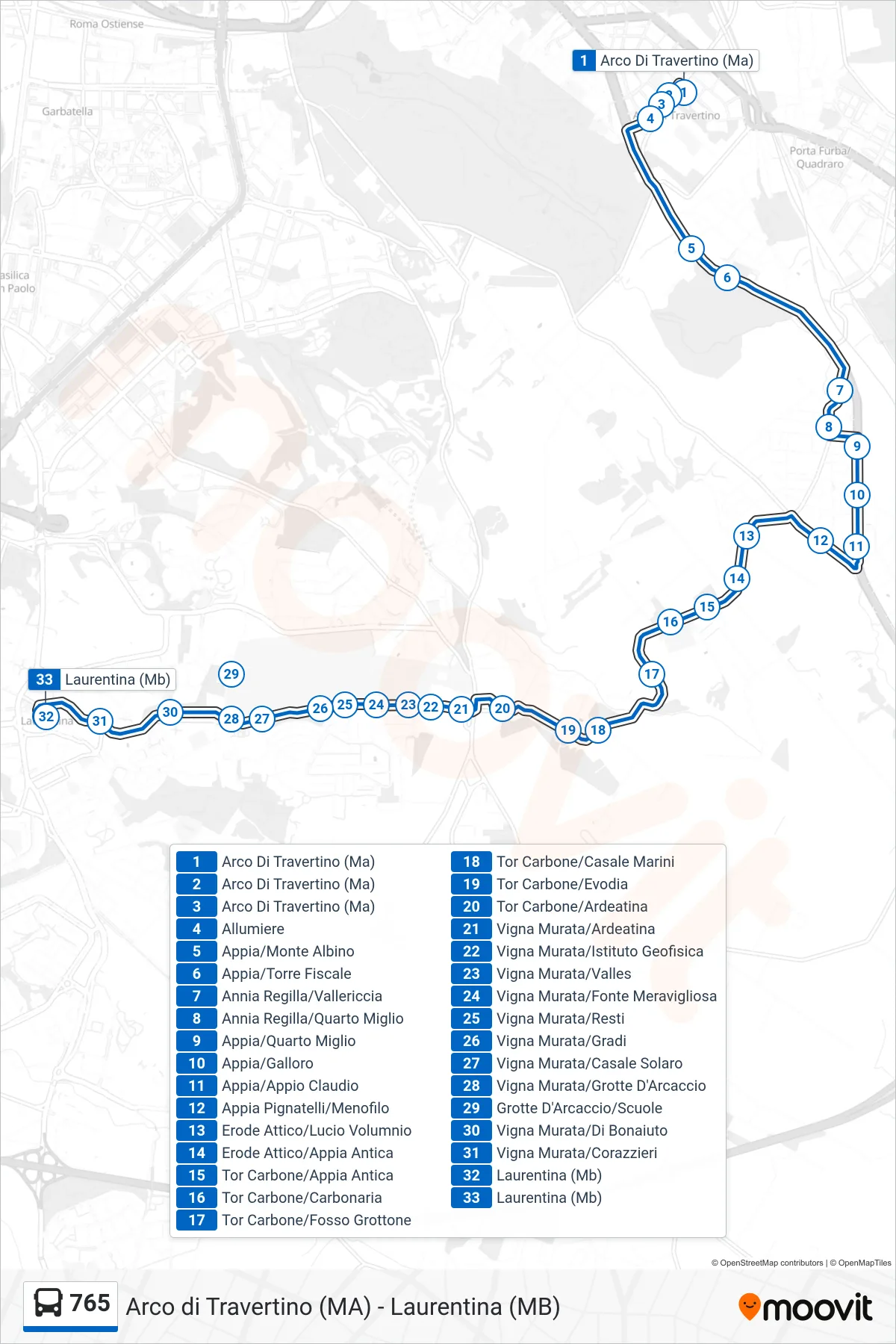 Linea 765 bus (Laurentina (Mb)) - Percorsi e fermate sulla mappa