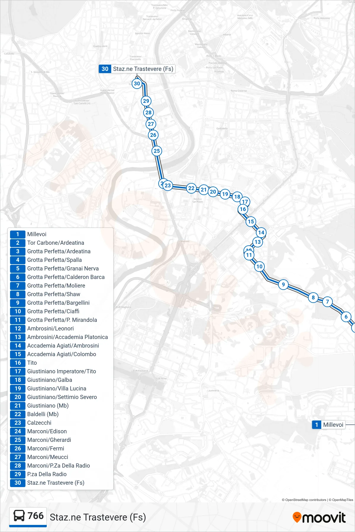 Linea 766 bus (Staz.ne Trastevere (Fs)) - Percorsi e fermate sulla mappa