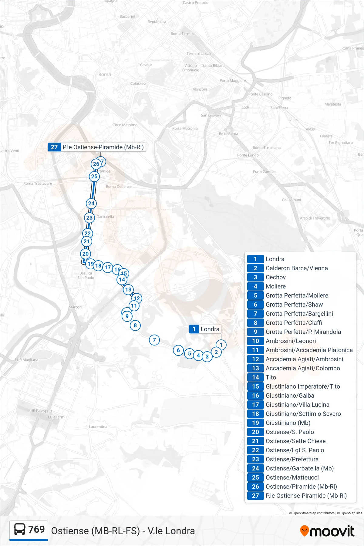 Linea 769 bus (P.le Ostiense-Piramide (Mb-Rl)) - Percorsi e fermate sulla mappa