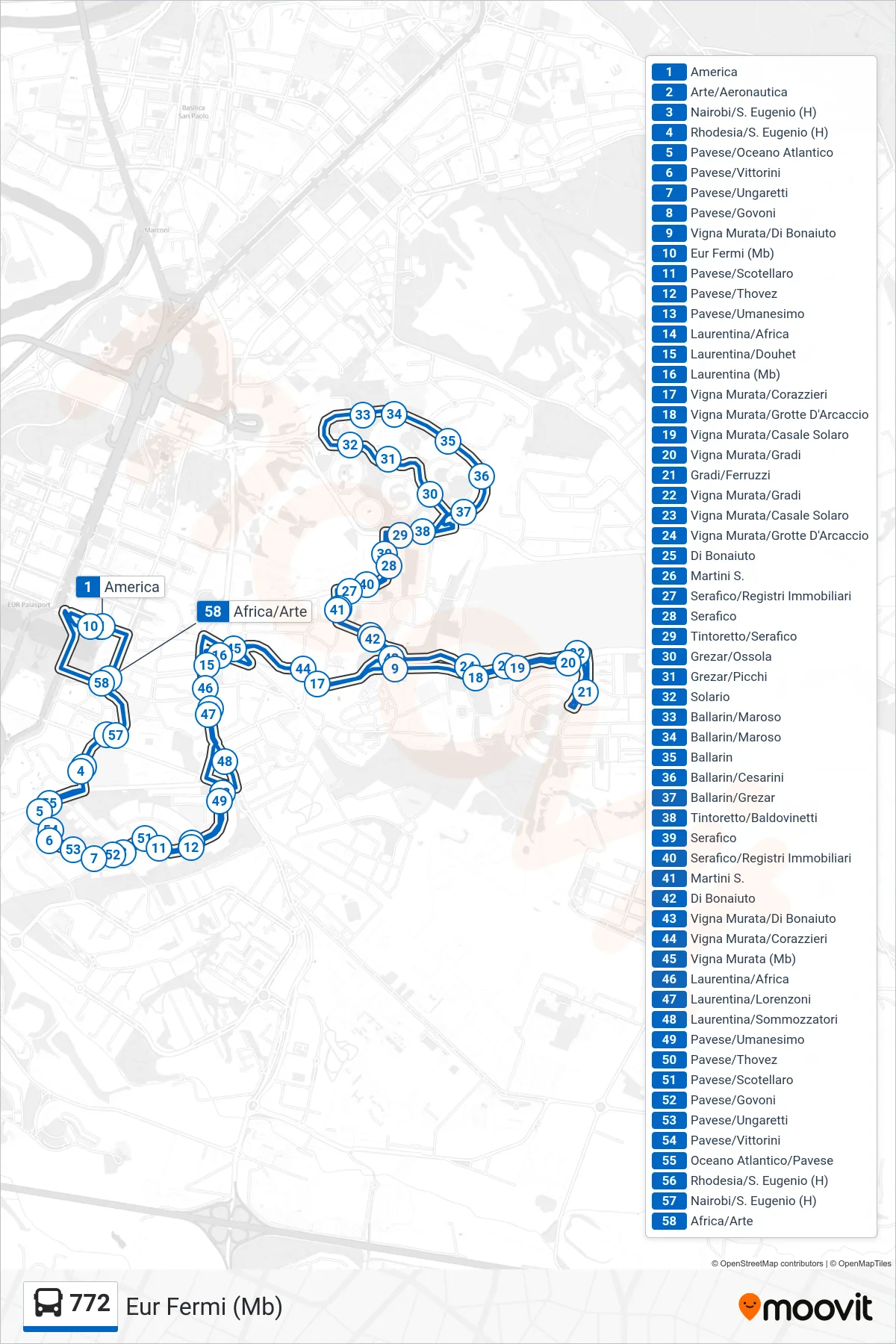 Linea 772  bus (Eur Fermi (Mb)) - Percorsi e fermate sulla mappa