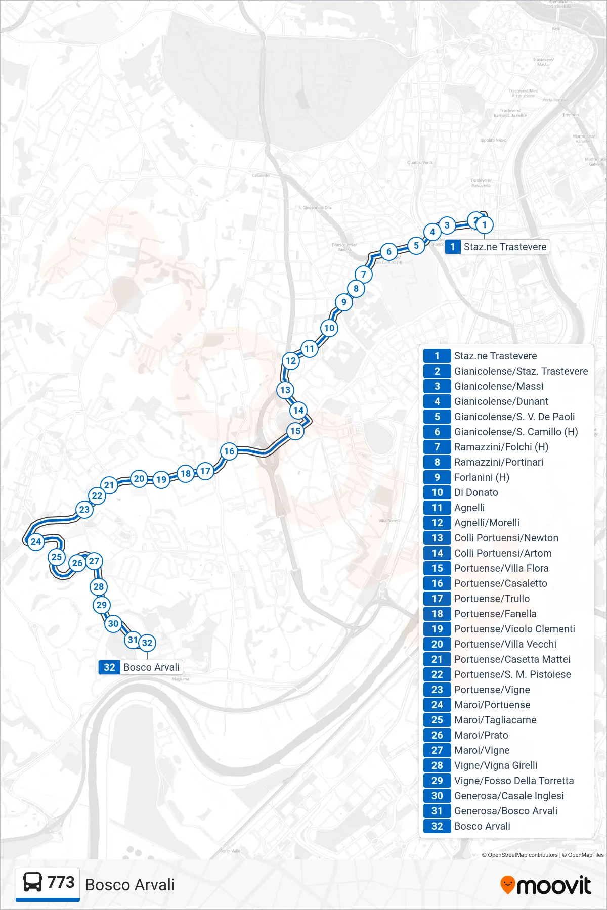 773 bus Line (Bosco Arvali) route and stops on a map