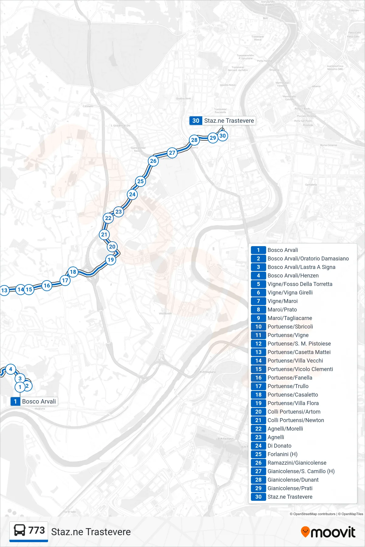 Linea 773 bus (Staz.ne Trastevere) - Percorsi e fermate sulla mappa