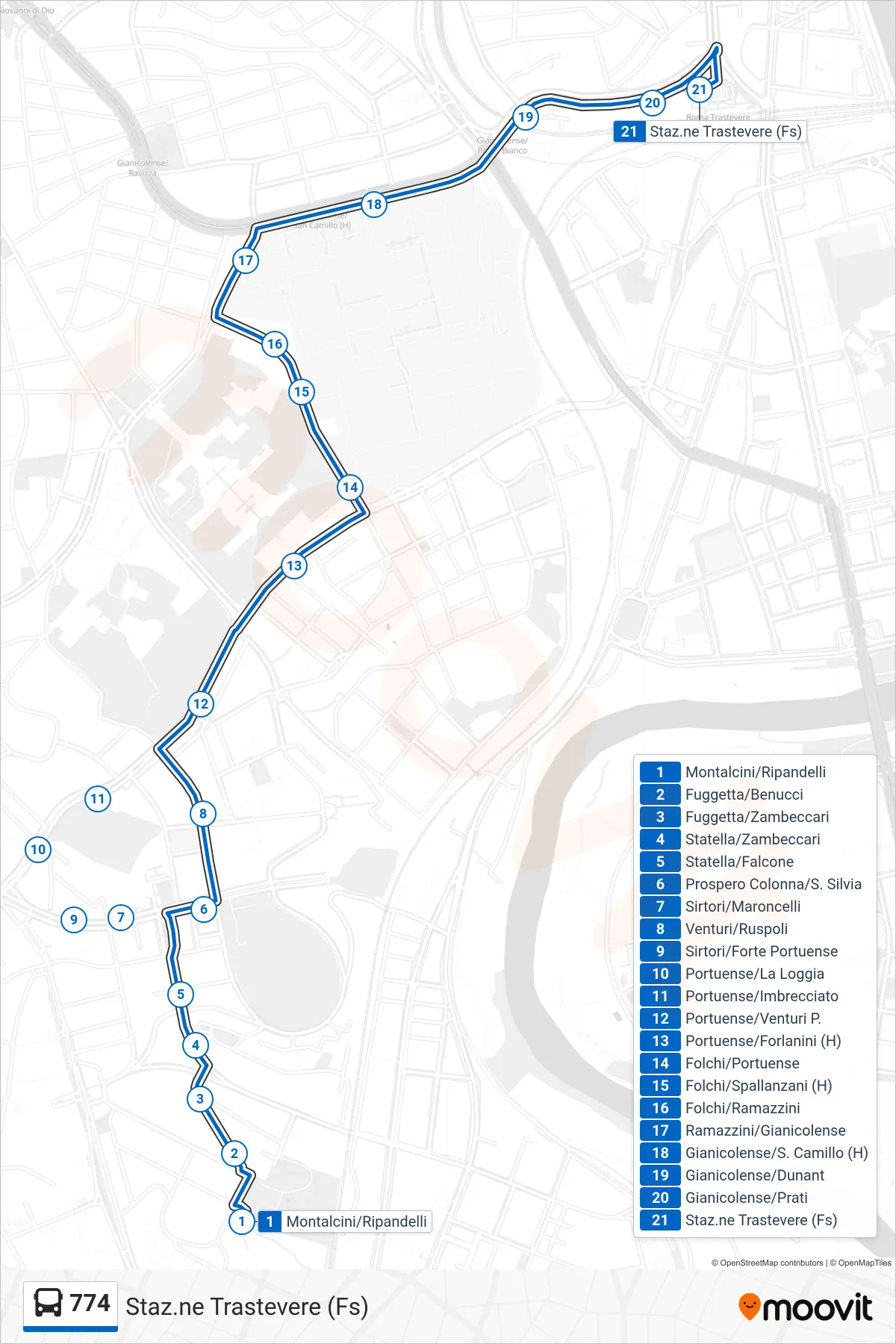 774 bus Line (Trastevere Station (Rail)) route and stops on a map
