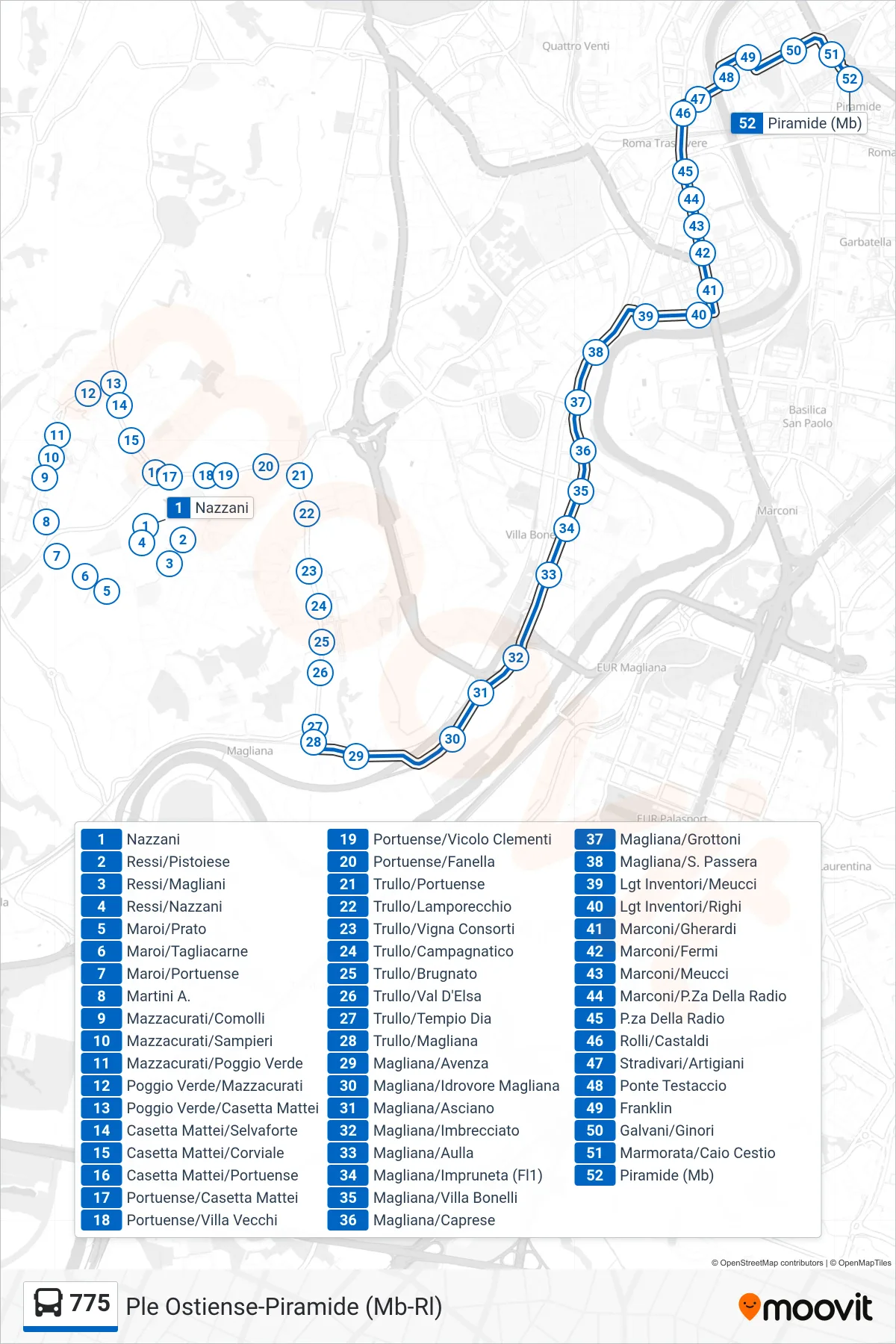 Linea 775 bus (Ple Ostiense-Piramide (Mb-Rl)) - Percorsi e fermate sulla mappa