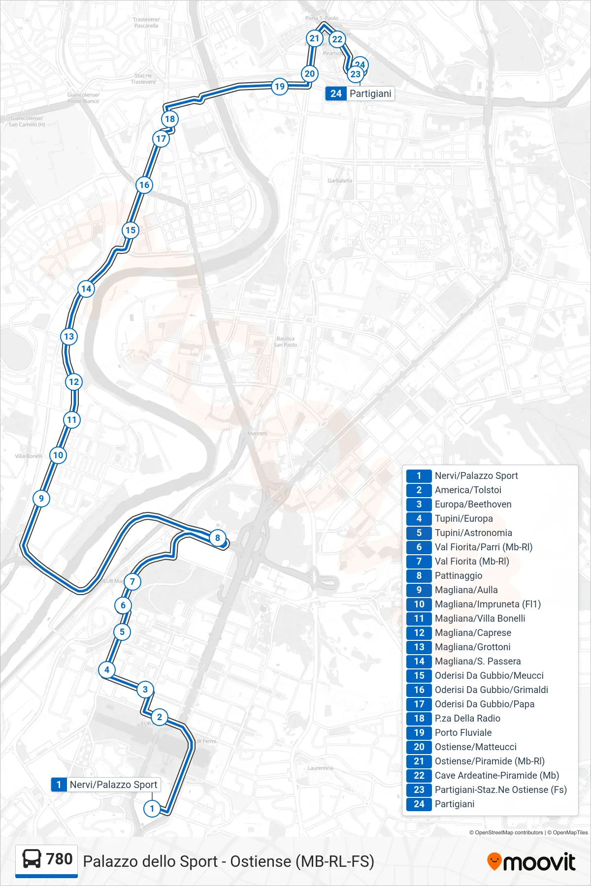 Linea 780 bus (Partigiani) - Percorsi e fermate sulla mappa