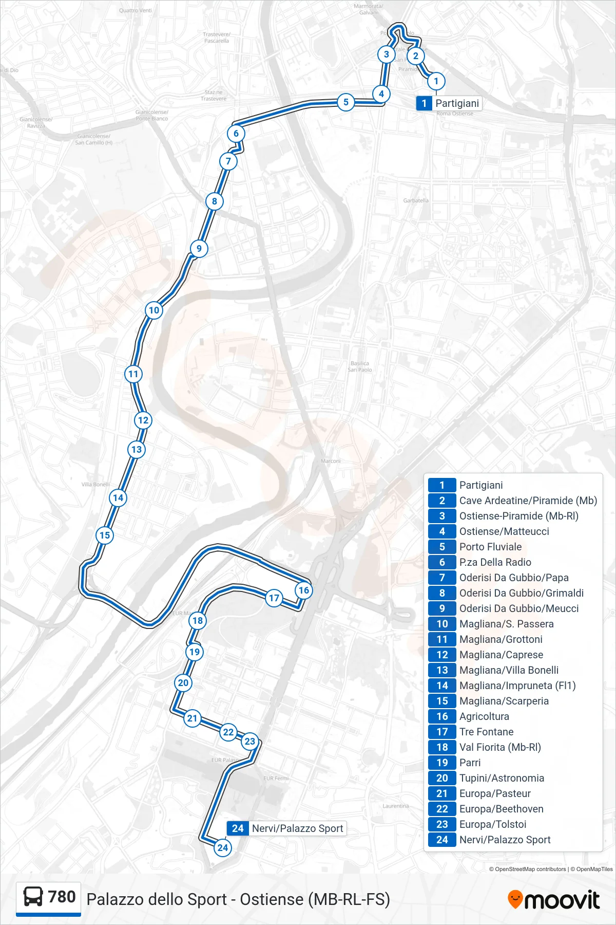780 bus Line (Nervi/Sports Palace) route and stops on a map