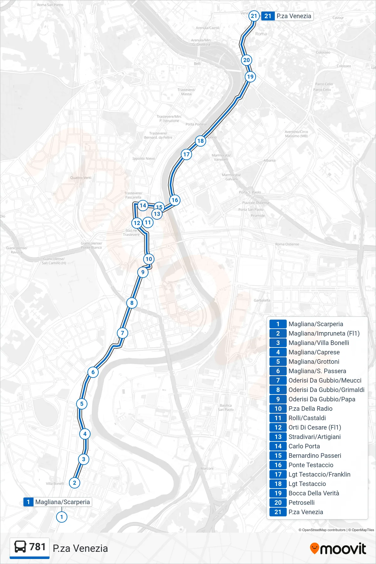 Linea 781 bus (P.za Venezia) - Percorsi e fermate sulla mappa