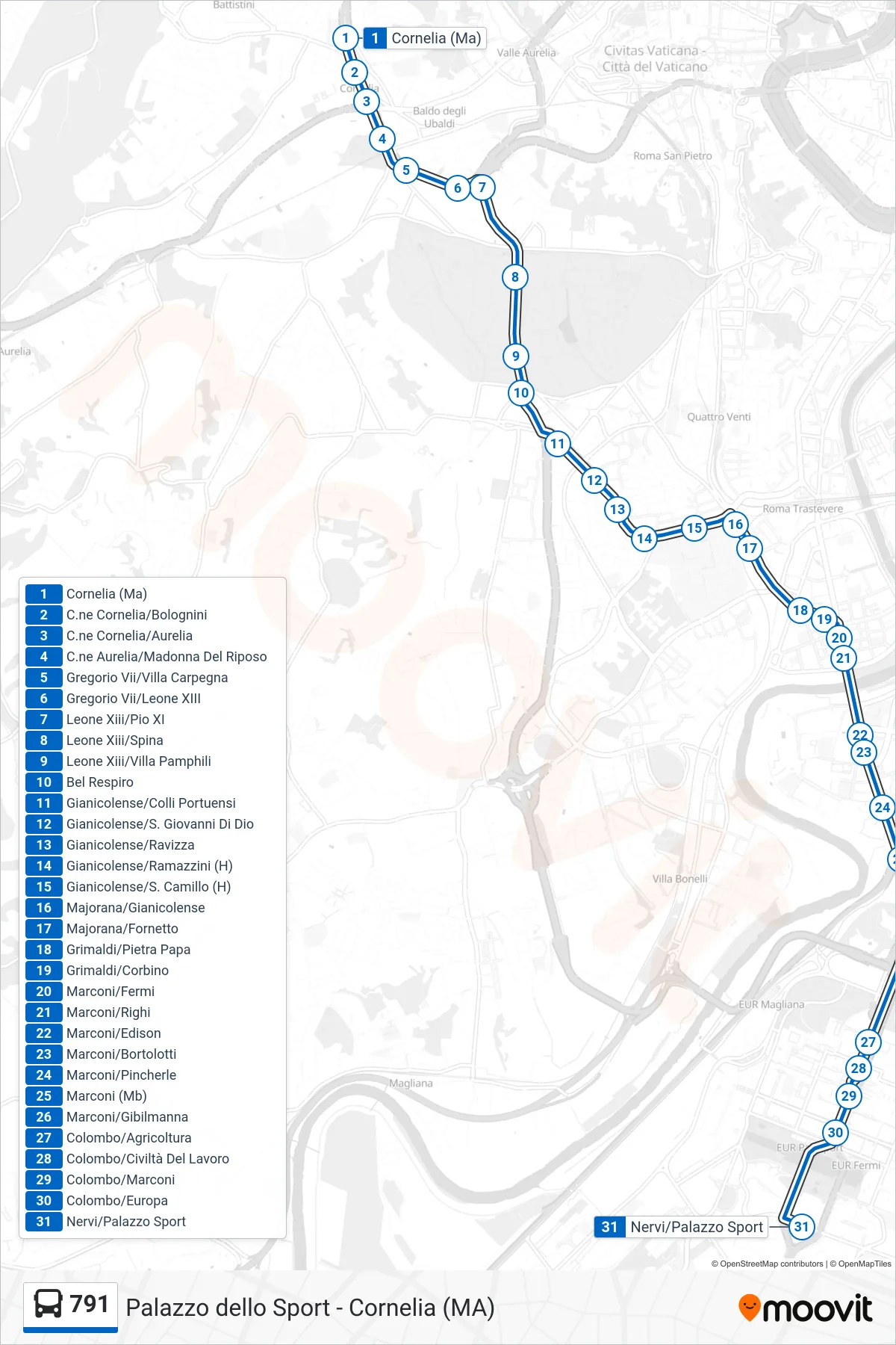 791 bus Line (Nervi/Sports Palace) route and stops on a map