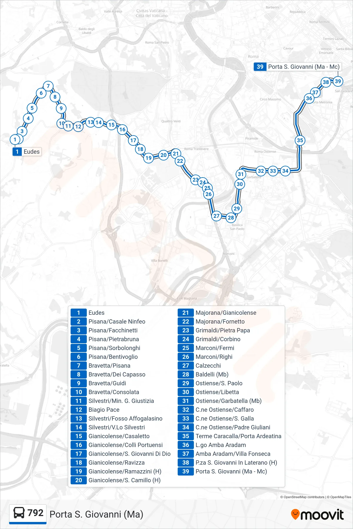 792 bus Line (Porta San Giovanni (MA)) route and stops on a map