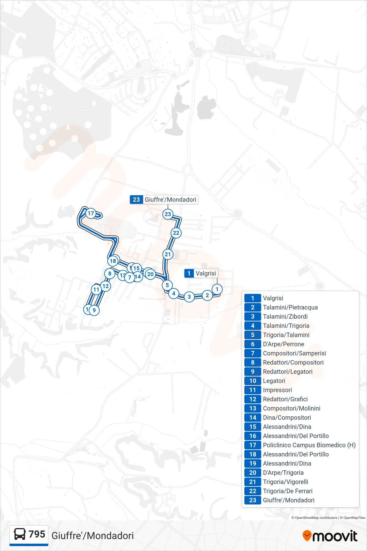 795 bus Line (Giuffre/Mondadori) route and stops on a map