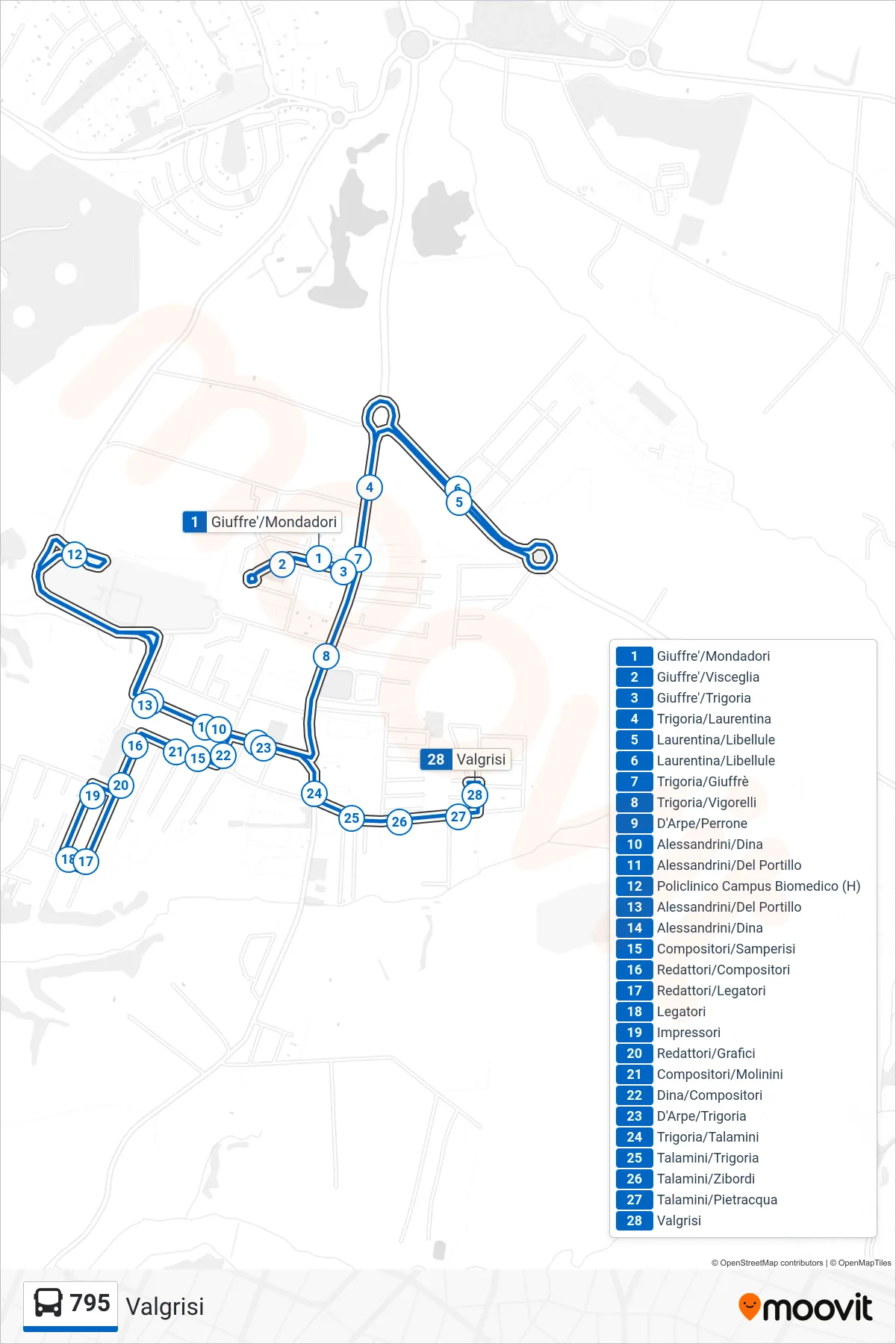 Linea 795 bus (Valgrisi) - Percorsi e fermate sulla mappa