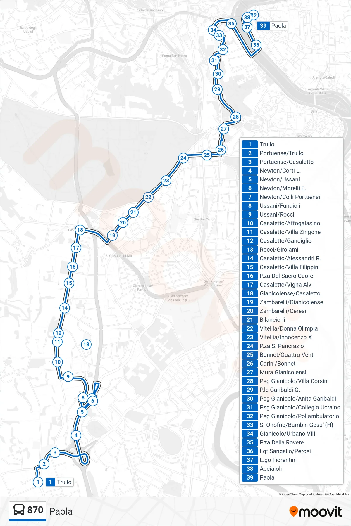 870 bus Line (Paola) route and stops on a map