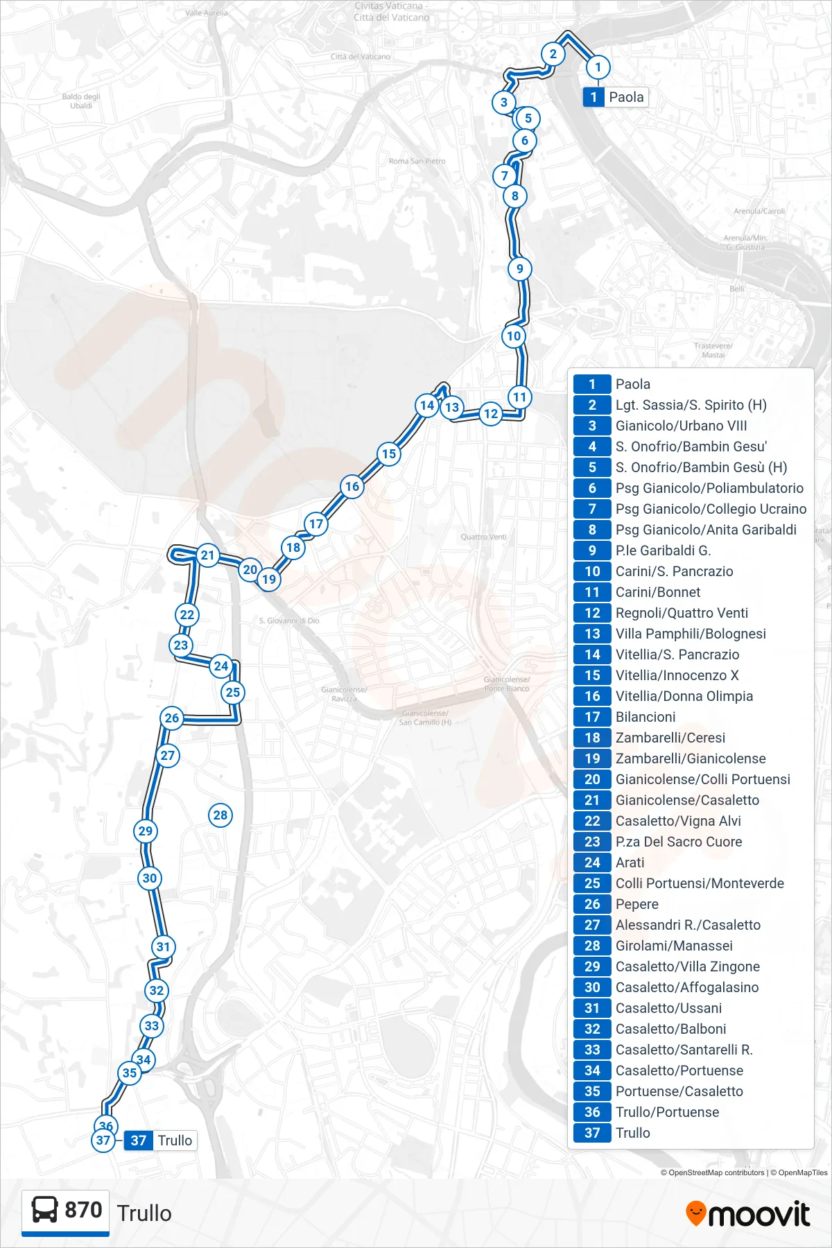 Linea 870 bus (Trullo) - Percorsi e fermate sulla mappa