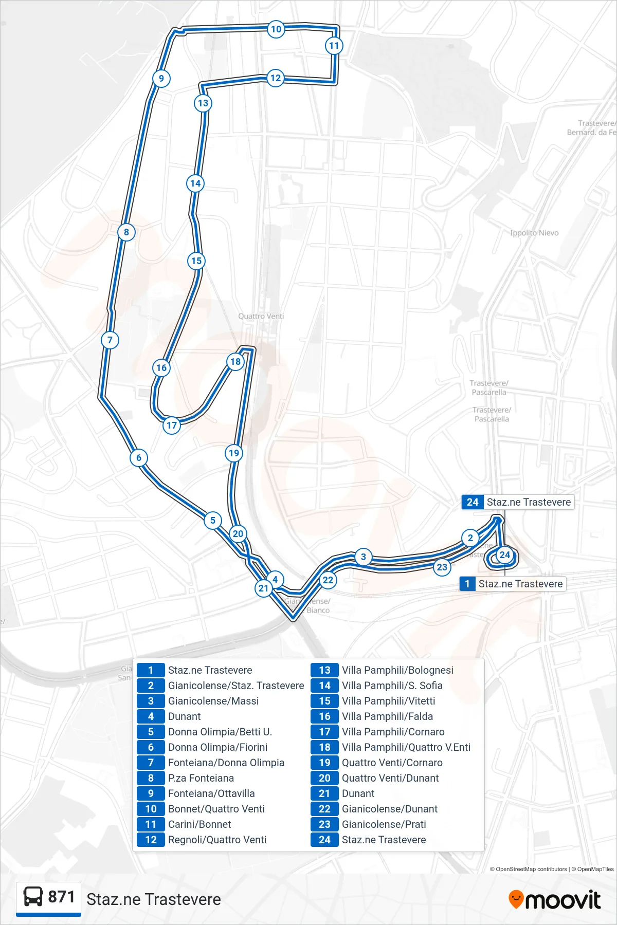 Linea 871 bus (Staz.ne Trastevere) - Percorsi e fermate sulla mappa