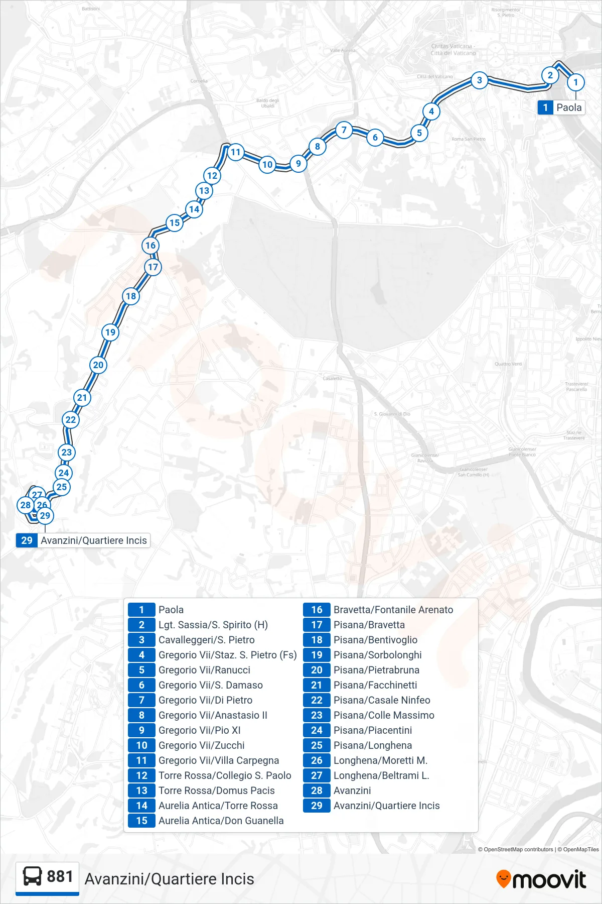 Linea 881 bus (Avanzini/Quartiere Incis) - Percorsi e fermate sulla mappa