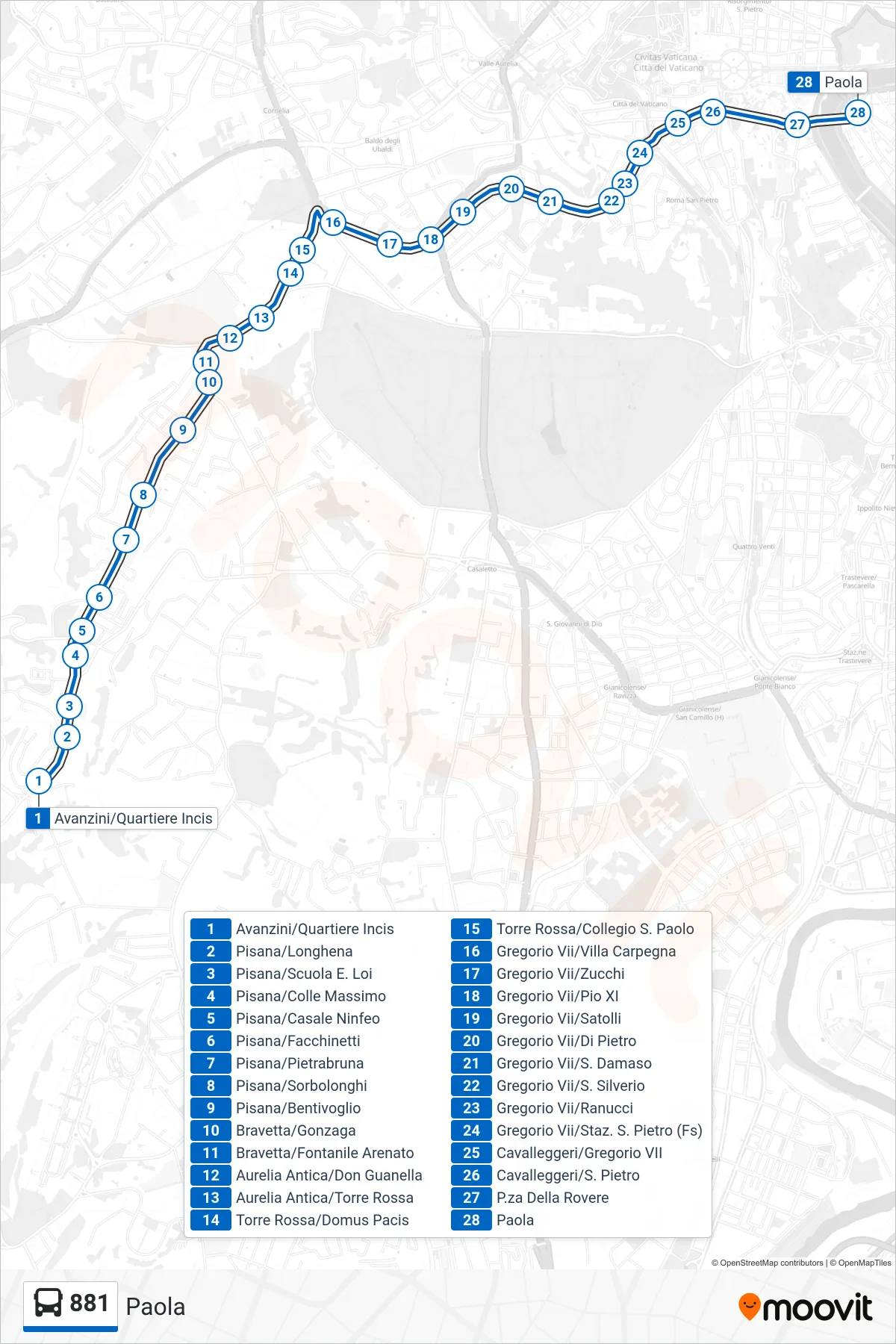 Linea 881 bus (Paola) - Percorsi e fermate sulla mappa