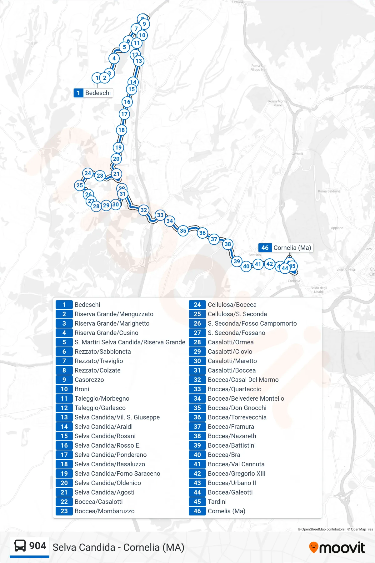 904 bus Line (Cornelia (MA)) route and stops on a map