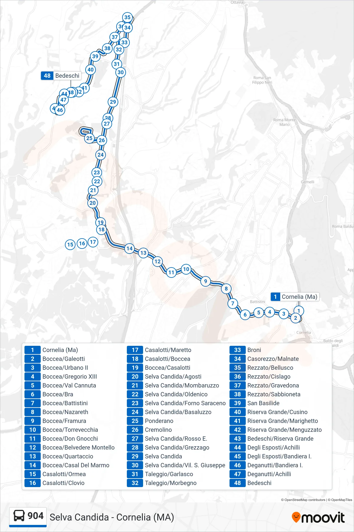Linea 904 bus (Bedeschi) - Percorsi e fermate sulla mappa