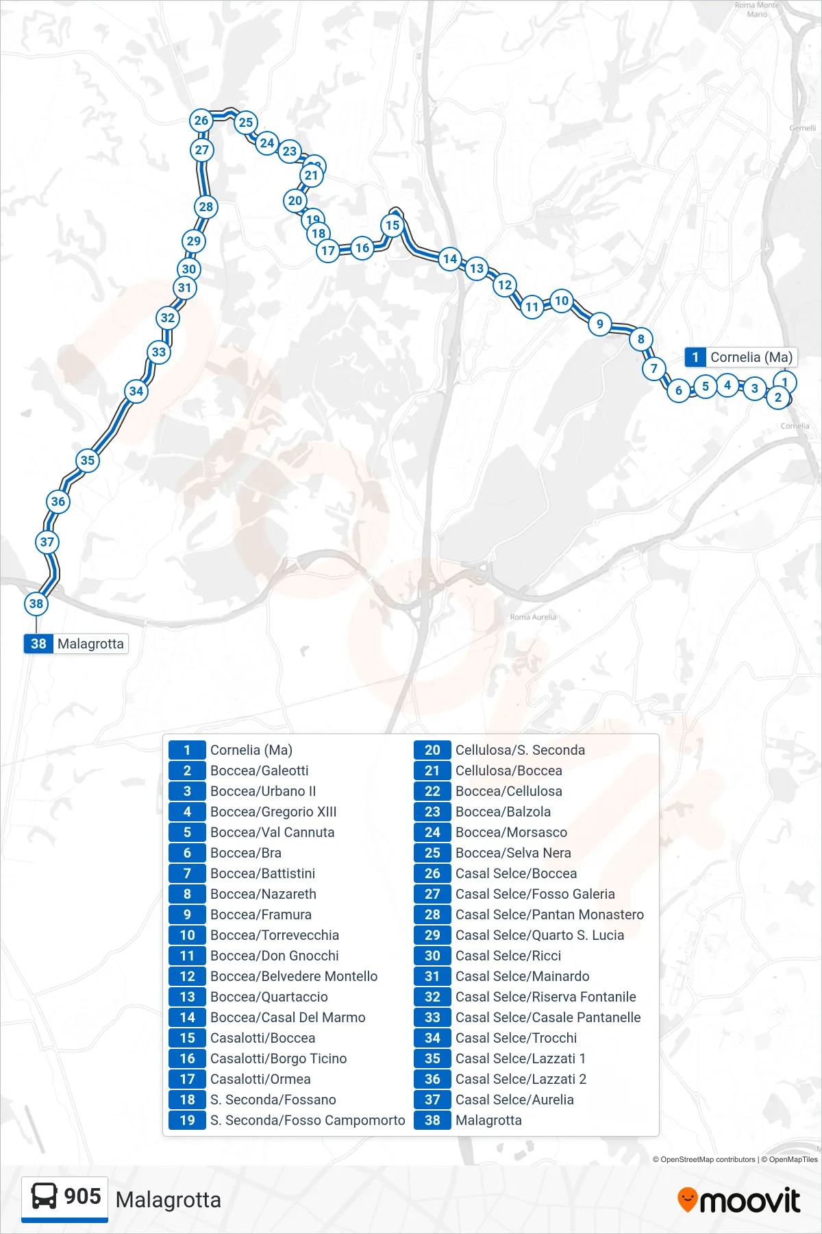 Linea 905 bus (Malagrotta) - Percorsi e fermate sulla mappa