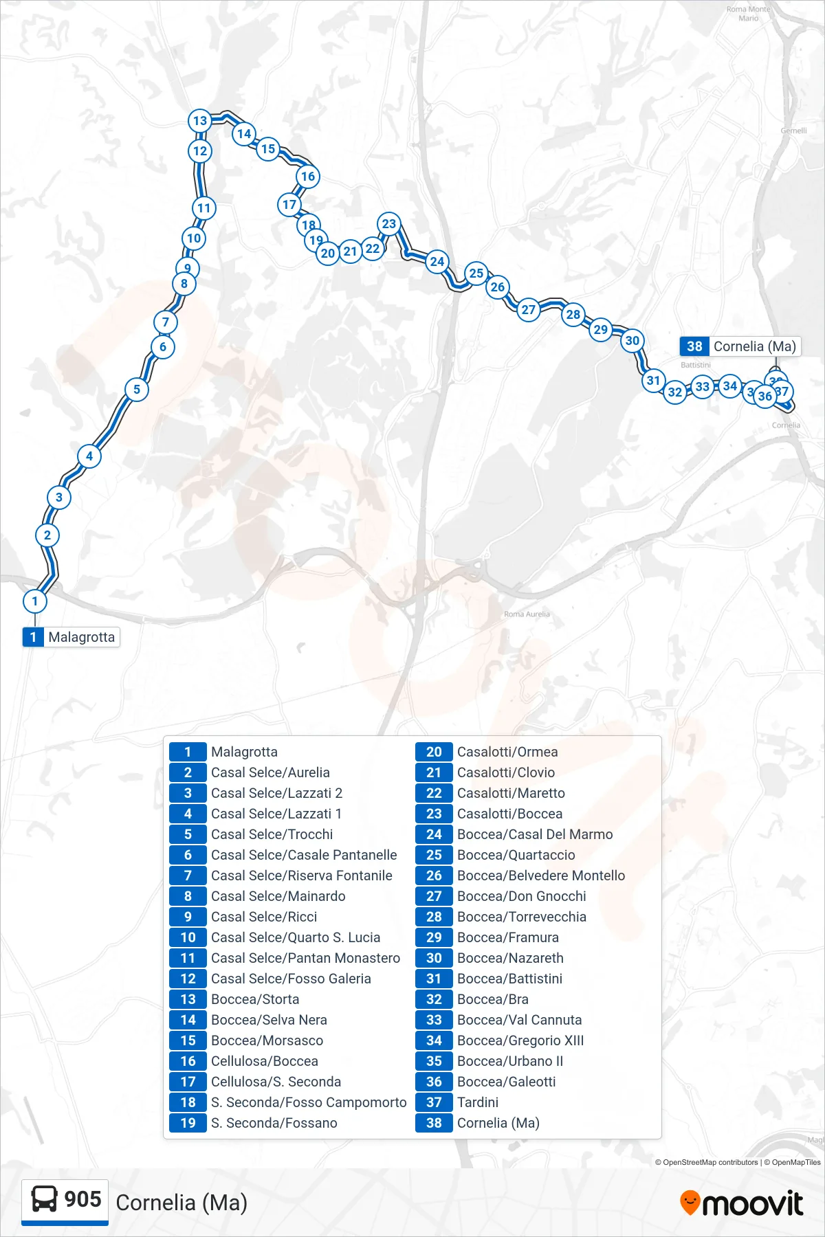Linea 905 bus (Cornelia (Ma)) - Percorsi e fermate sulla mappa