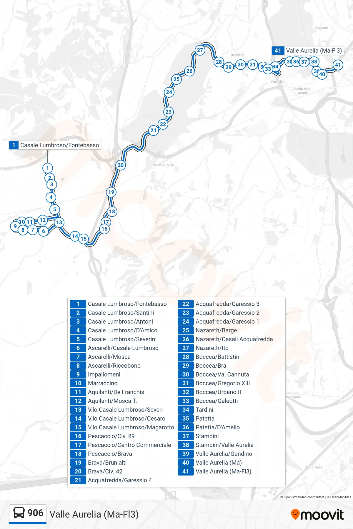 Linea 906 bus (Valle Aurelia (Ma-Fl3)) - Percorsi e fermate sulla mappa