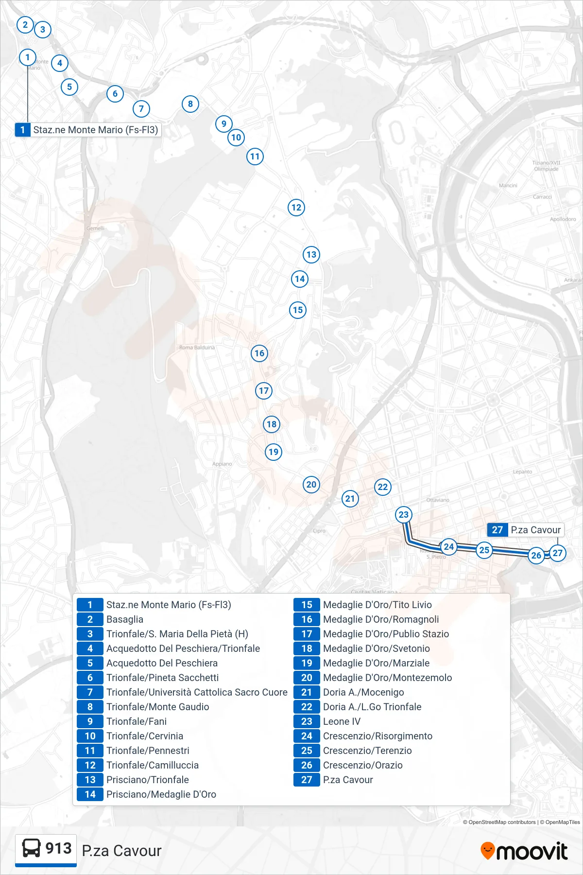 Linea 913  bus (P.za Cavour) - Percorsi e fermate sulla mappa