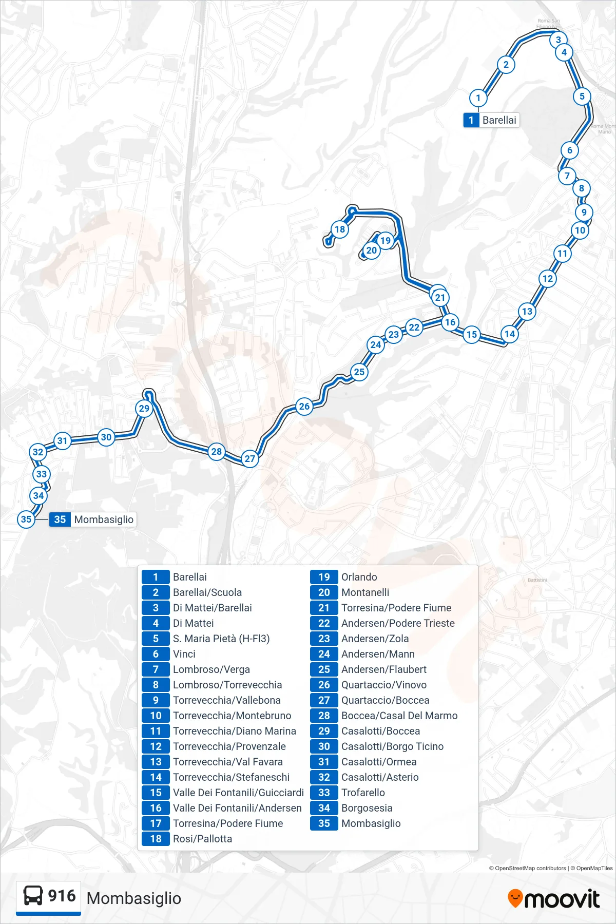 916 bus Line (Mombasiglio) route and stops on a map