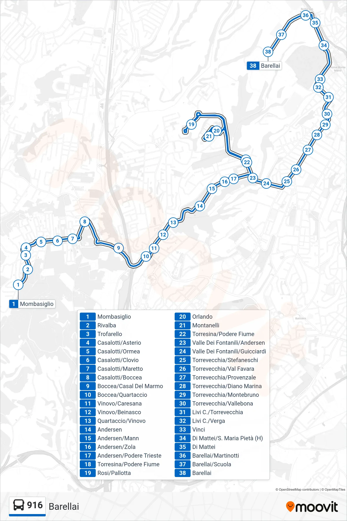 916 bus Line (Barellai) route and stops on a map