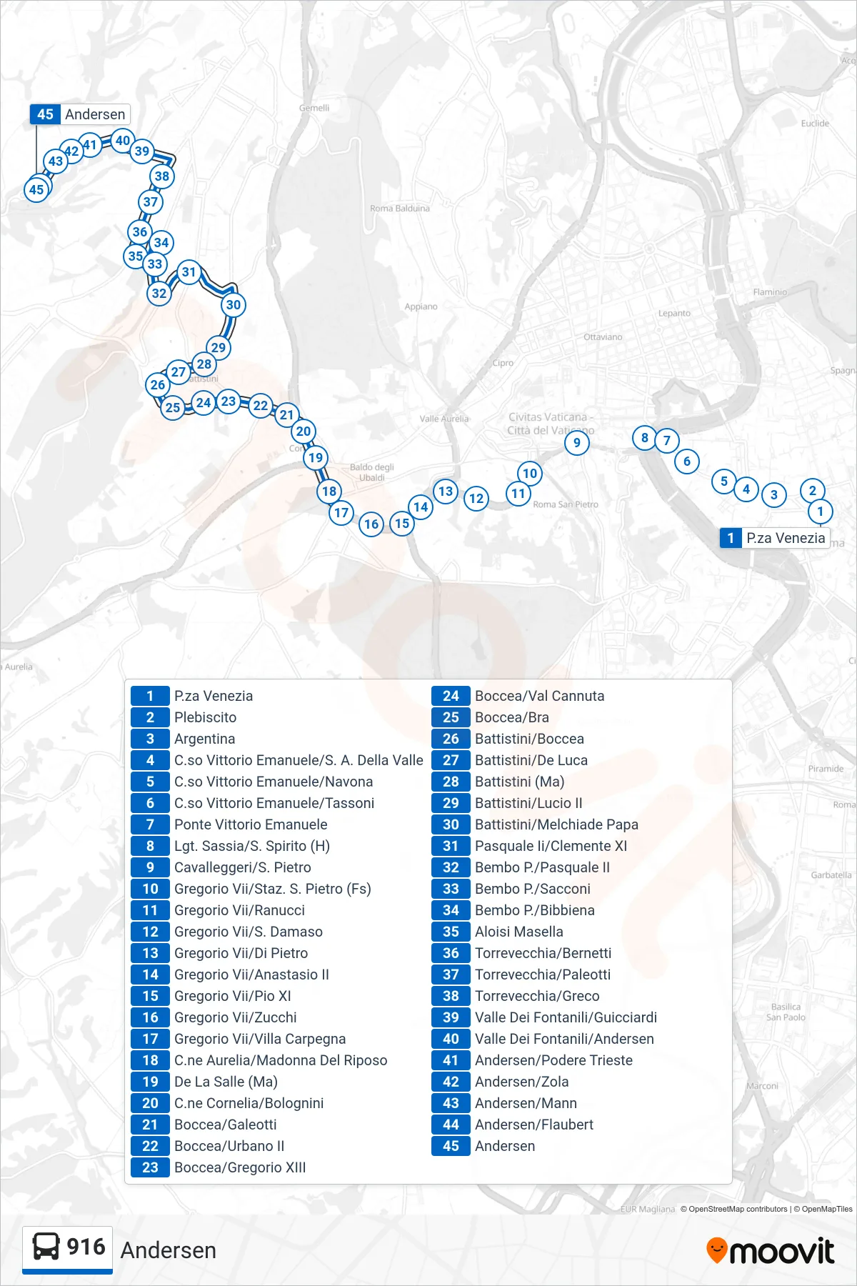 916 bus Line (Andersen) route and stops on a map