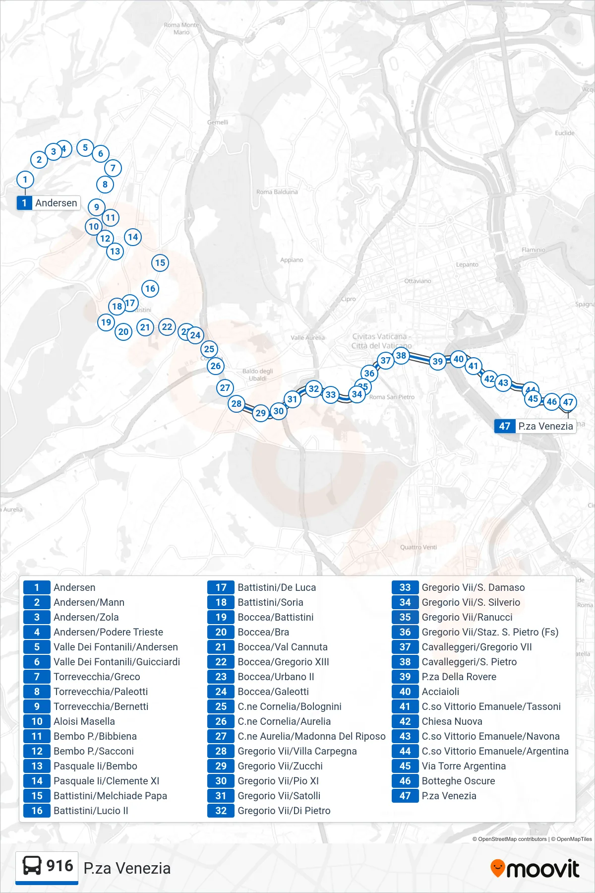 Linea 916 bus (P.za Venezia) - Percorsi e fermate sulla mappa