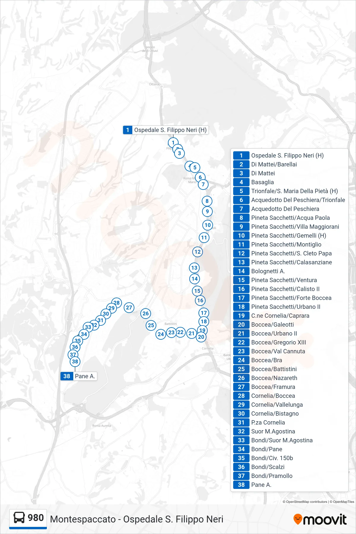 980 bus Line (Pane A.) route and stops on a map