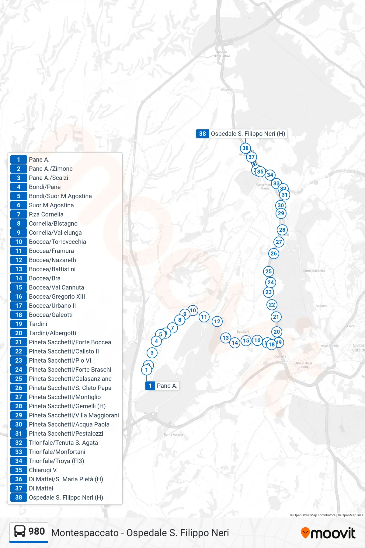 Linea 980 bus (Ospedale S. Filippo Neri (H)) - Percorsi e fermate sulla mappa