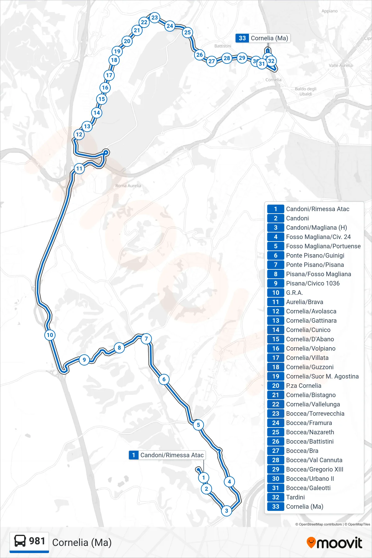 Linea 981 bus (Cornelia (Ma)) - Percorsi e fermate sulla mappa