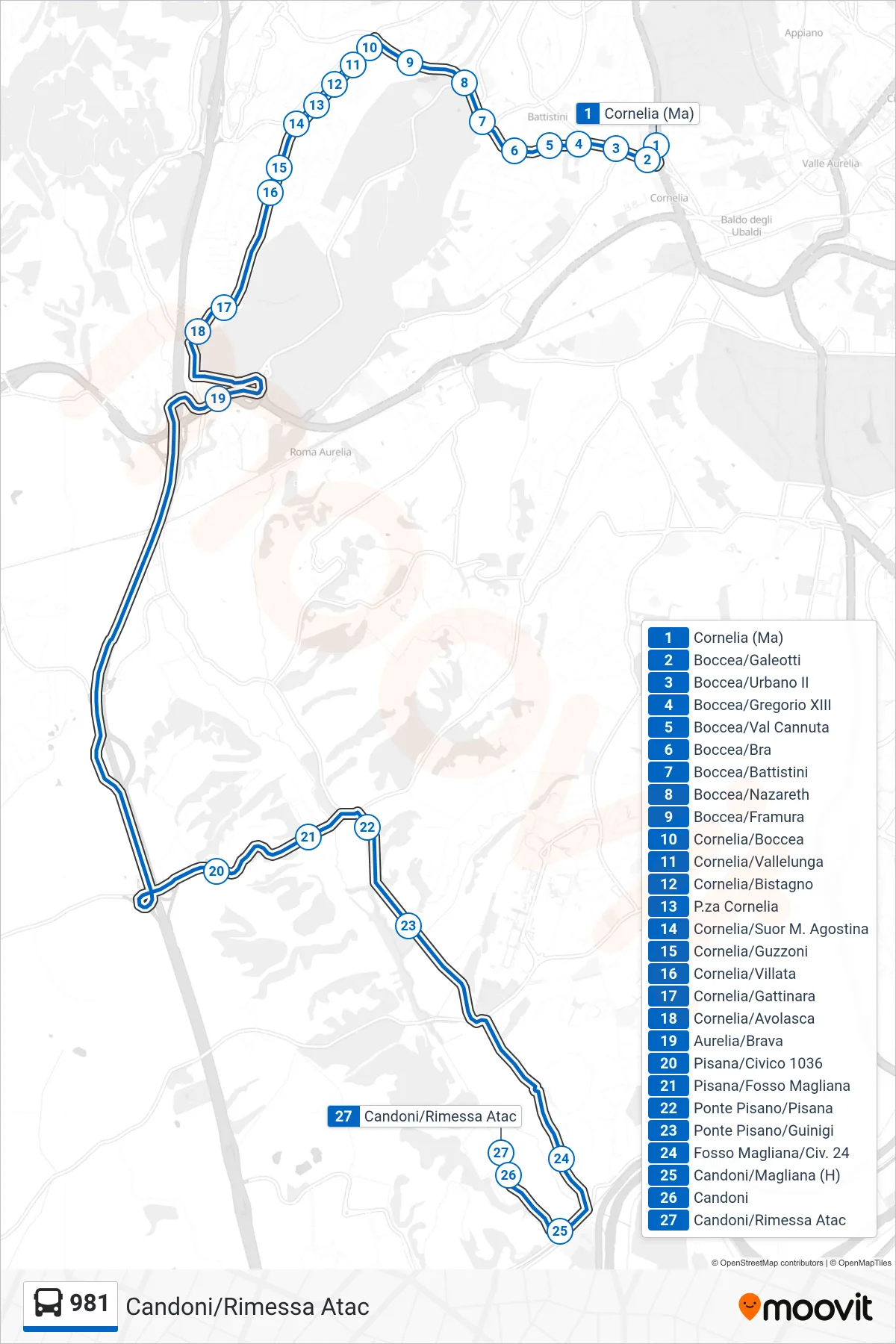 Linea 981  bus (Candoni/Rimessa Atac) - Percorsi e fermate sulla mappa