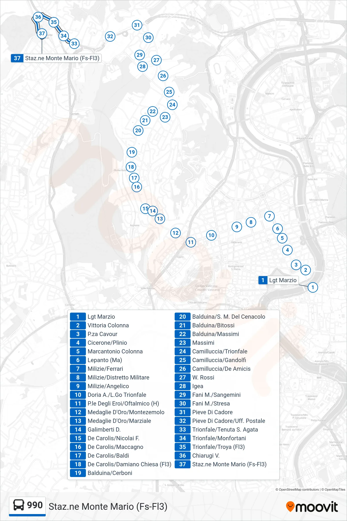 Linea 990 bus (Staz.ne Monte Mario (Fs-Fl3)) - Percorsi e fermate sulla mappa