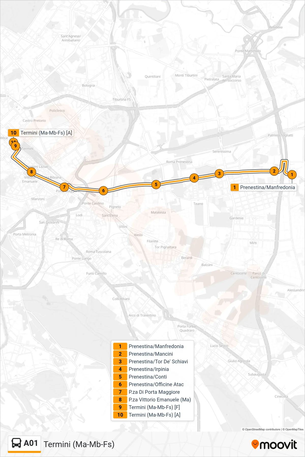 Linea A01 bus (Termini (Ma-Mb-Fs)) - Percorsi e fermate sulla mappa