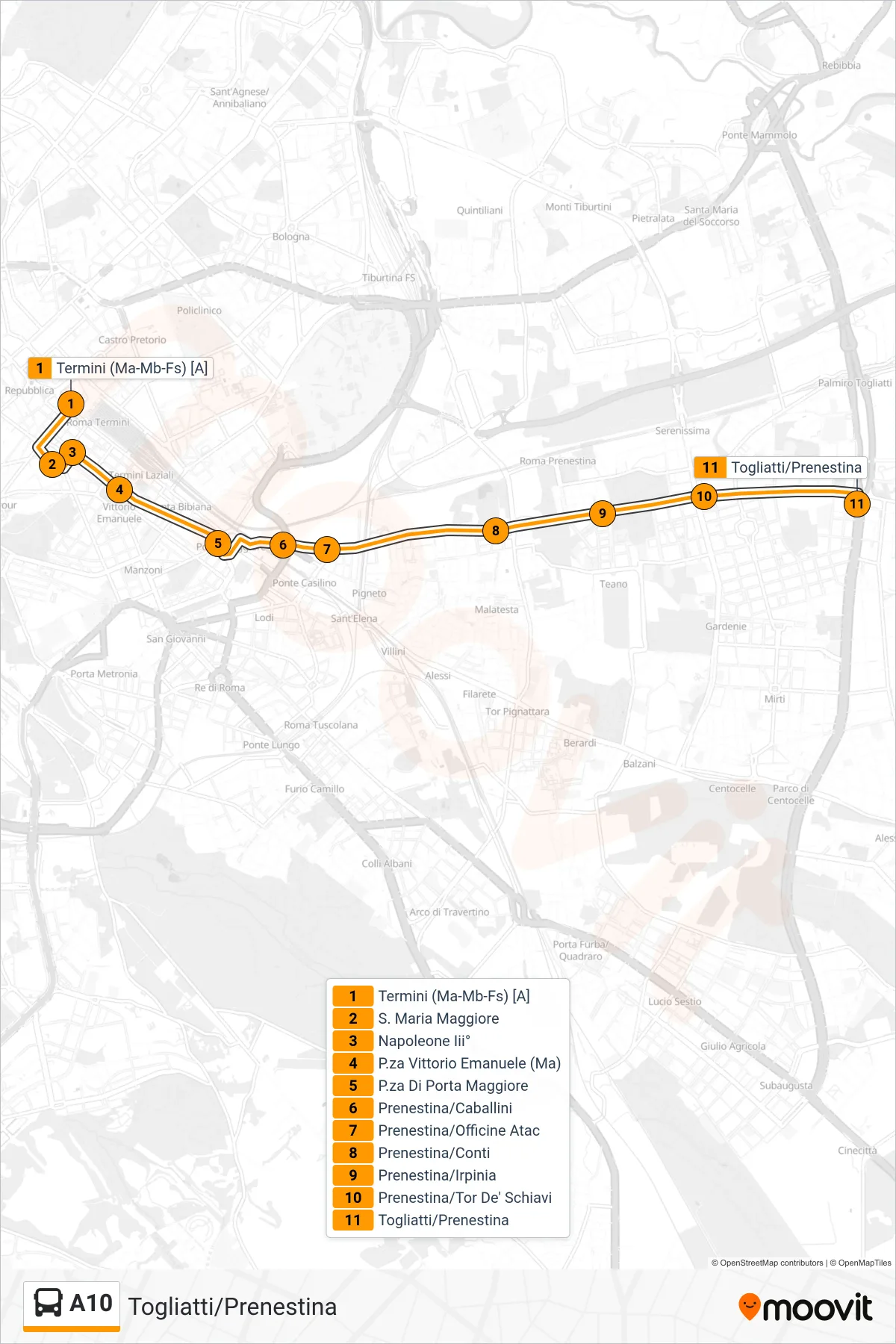 Linea A10  bus (Togliatti/Prenestina) - Percorsi e fermate sulla mappa
