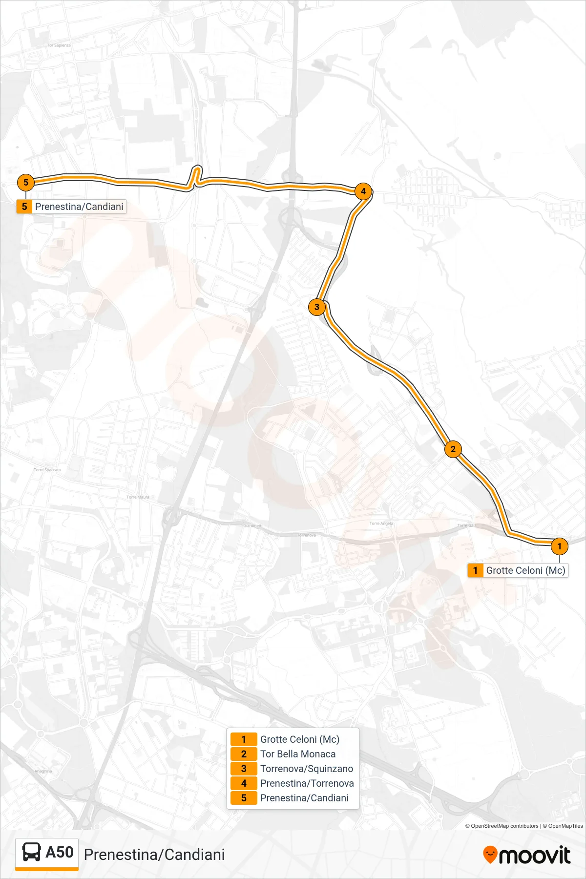 Linea A50 bus (Prenestina/Candiani) - Percorsi e fermate sulla mappa