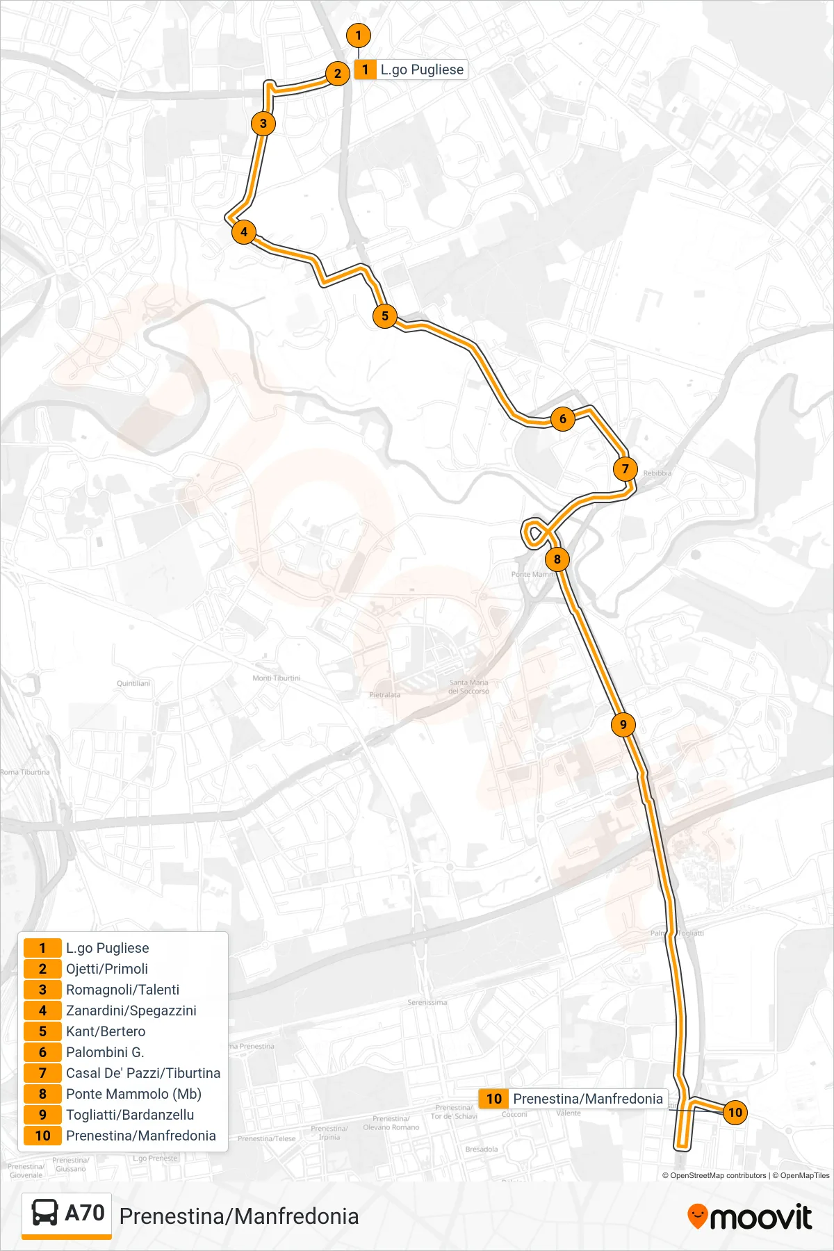 Linea A70 bus (Prenestina/Manfredonia) - Percorsi e fermate sulla mappa
