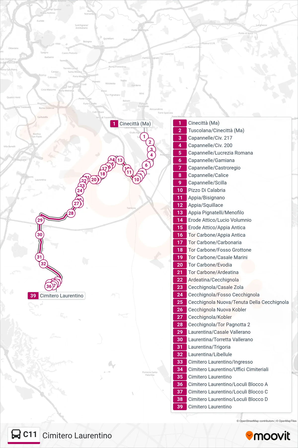 Linea C11 bus (Cimitero Laurentino) - Percorsi e fermate sulla mappa