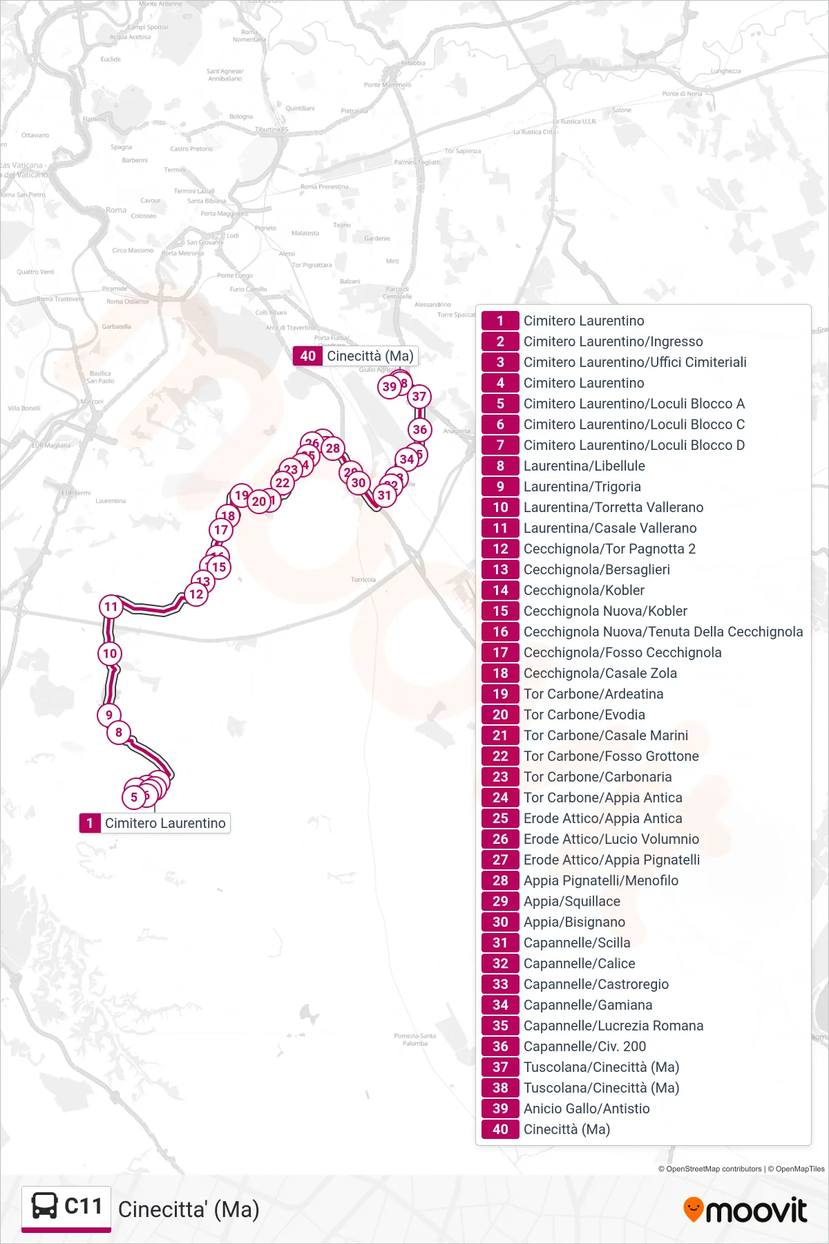 Linea C11 bus (Cinecitta' (Ma)) - Percorsi e fermate sulla mappa