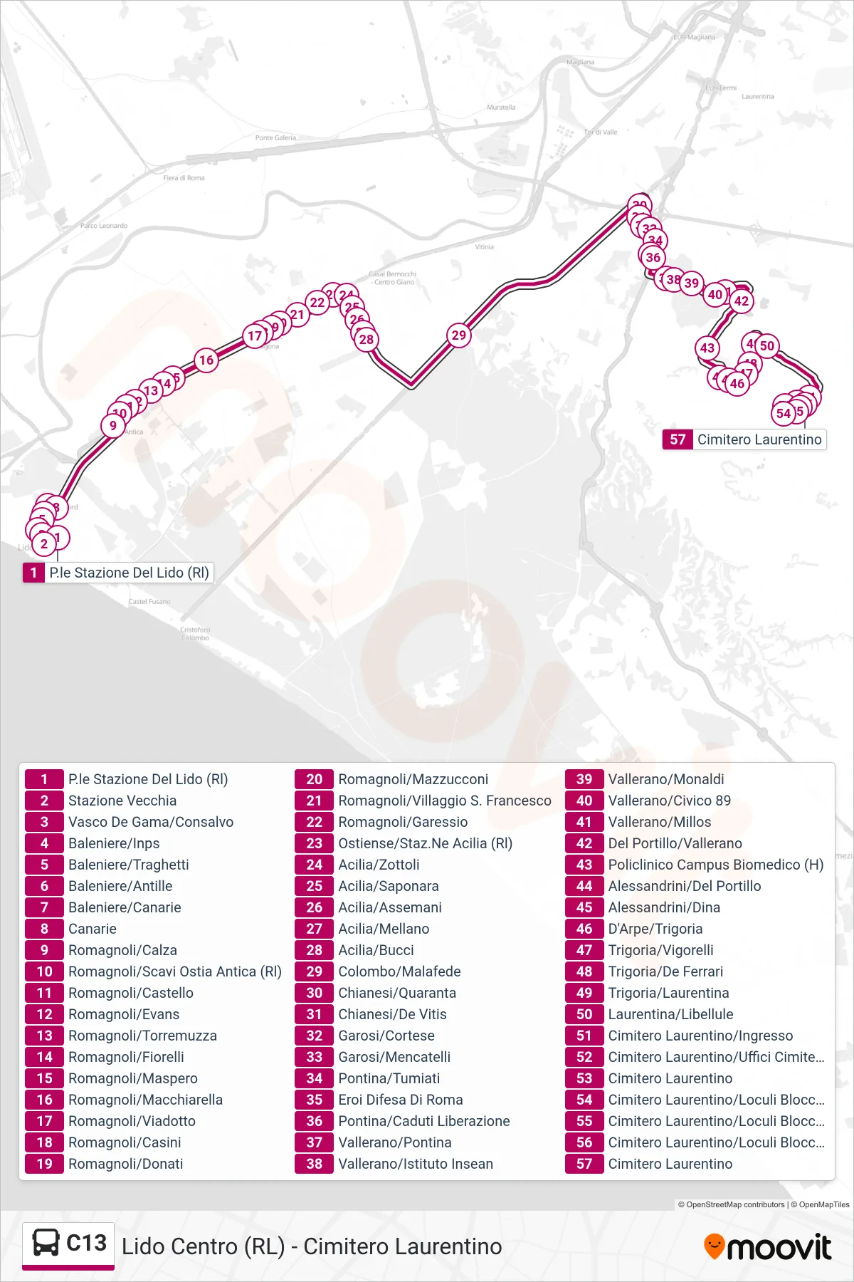 Linea C13 bus (Cimitero Laurentino) - Percorsi e fermate sulla mappa