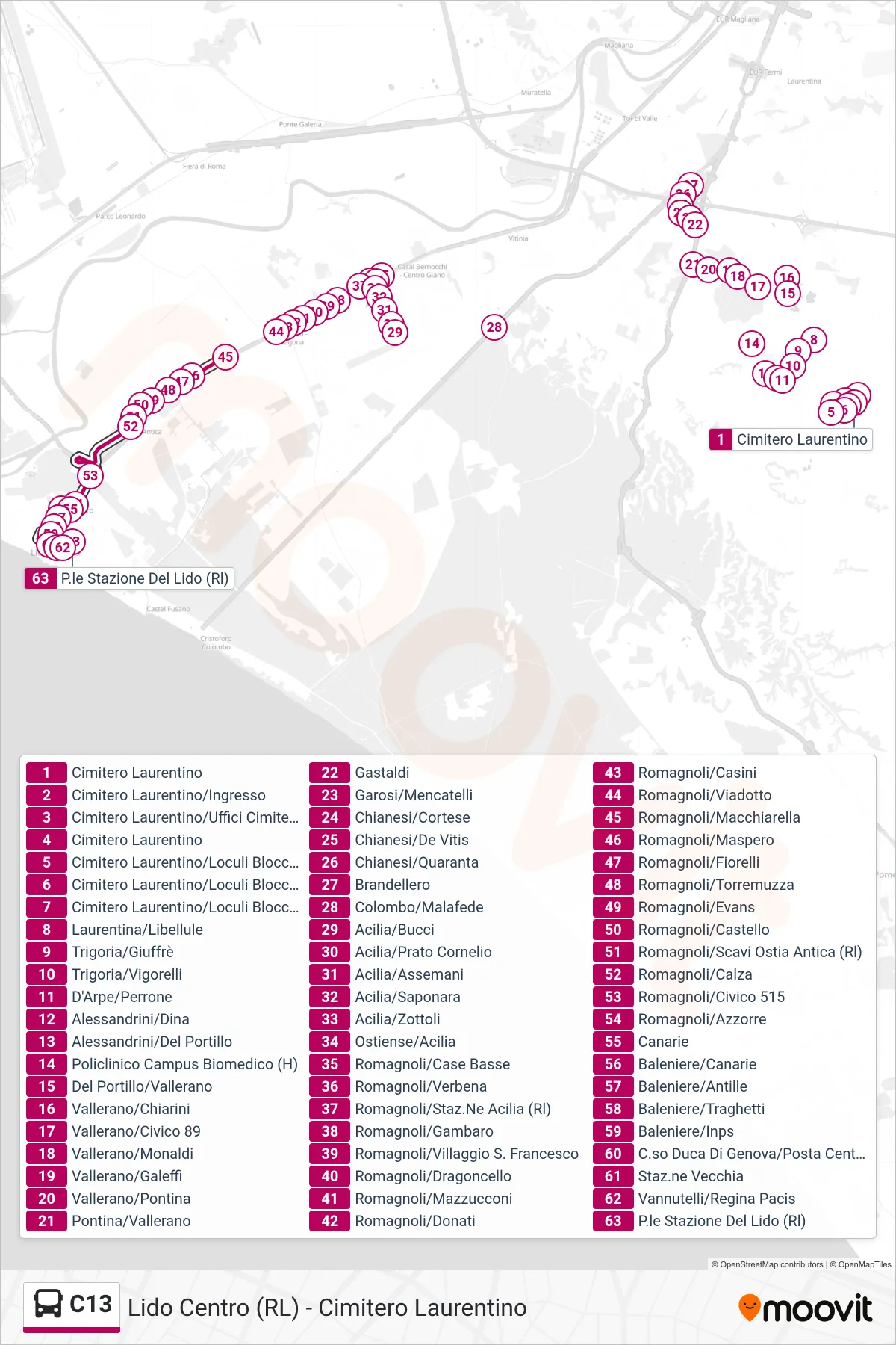 Linea C13 bus (P.le Stazione Del Lido (Rl)) - Percorsi e fermate sulla mappa