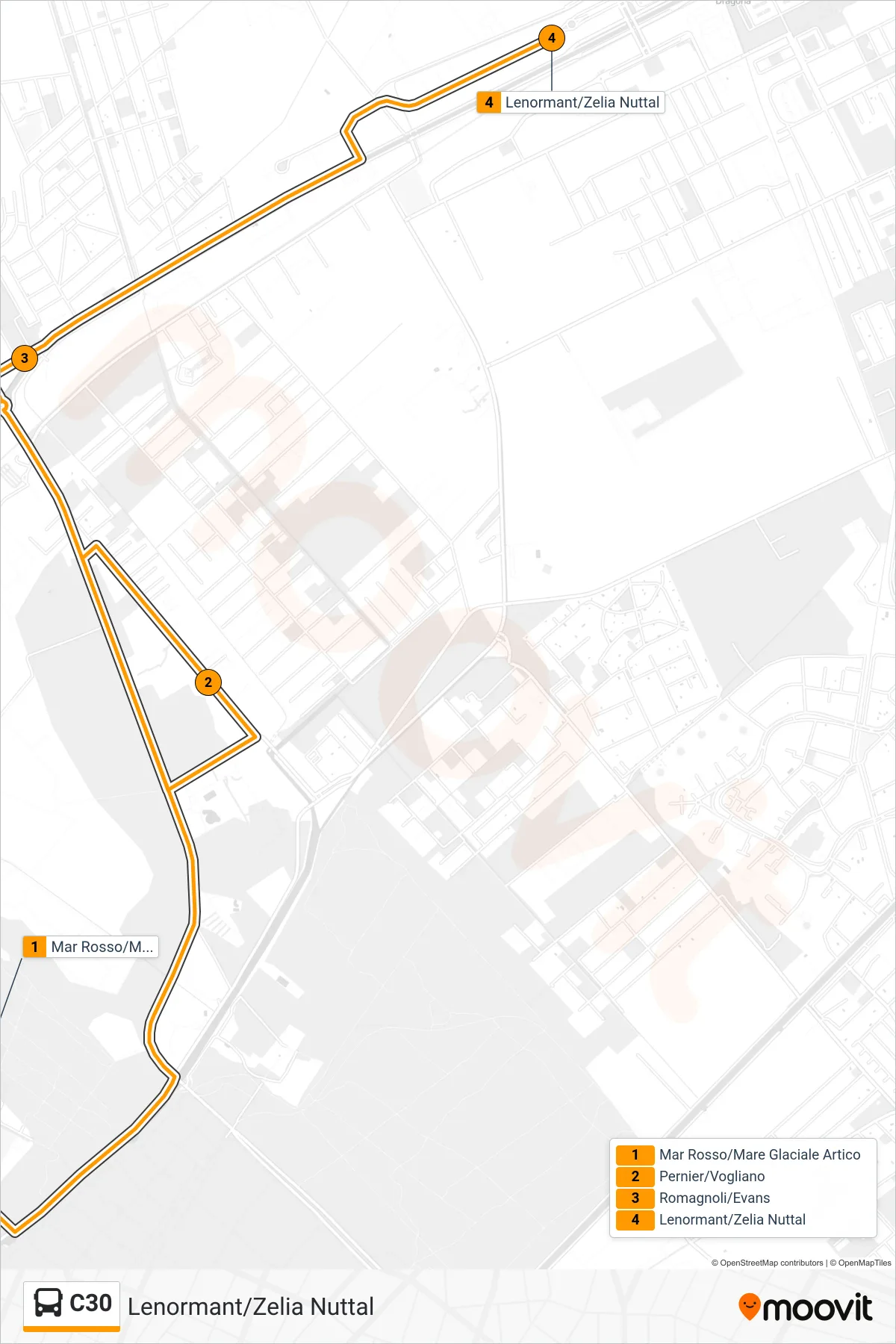 Linea C30 bus (Lenormant/Zelia Nuttal) - Percorsi e fermate sulla mappa