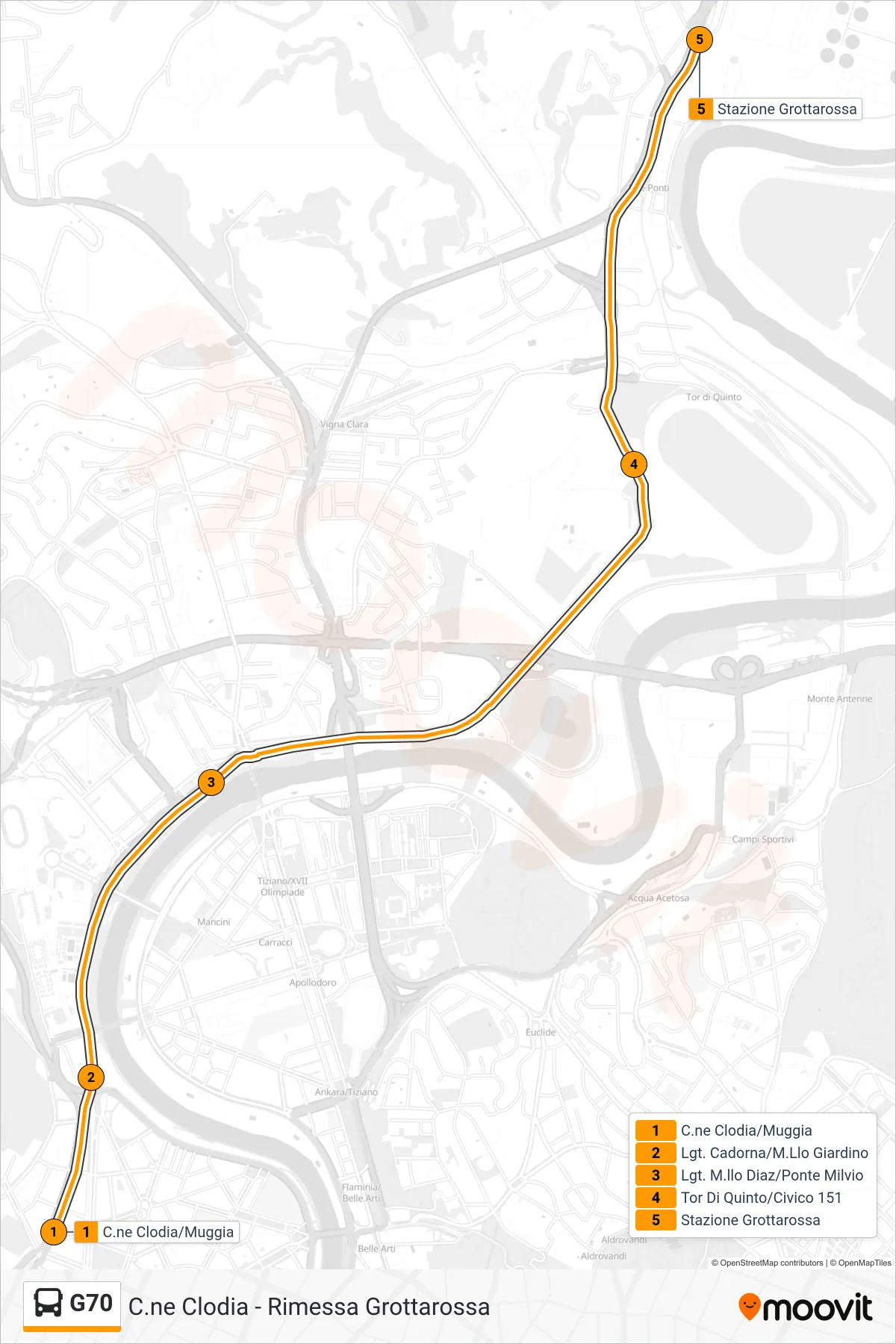 Linea G70 bus (Stazione Grottarossa) - Percorsi e fermate sulla mappa